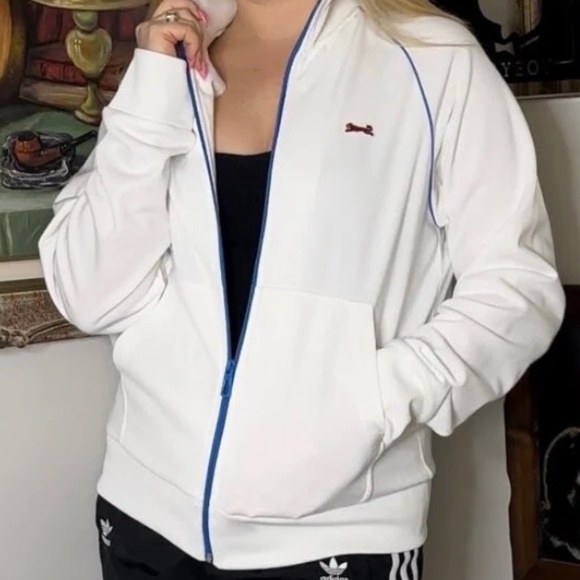 Vintage Men’s Le Tigre Cotton Track Jacket in White and Blue - Zip Up - Medium - Picture 6 of 10